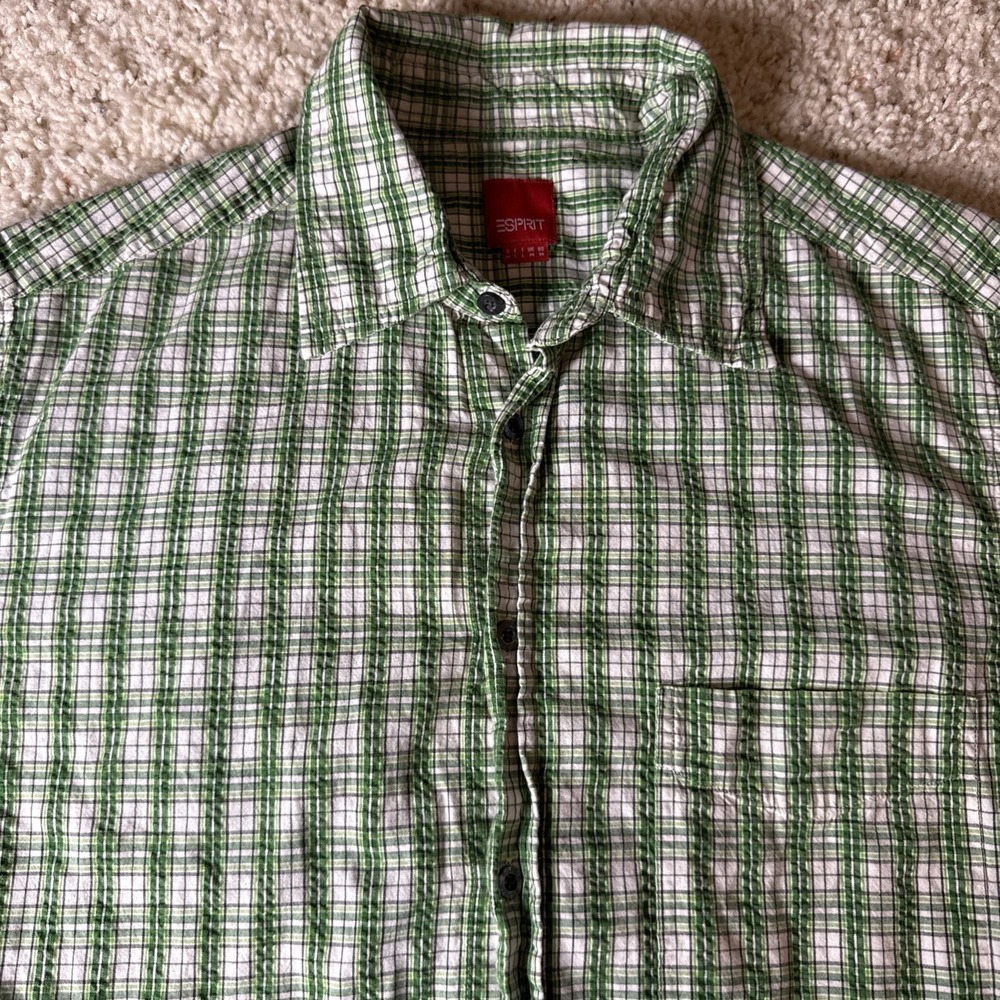 Esprit Men Shirt Medium Green Plaid Short‎ Sleeve